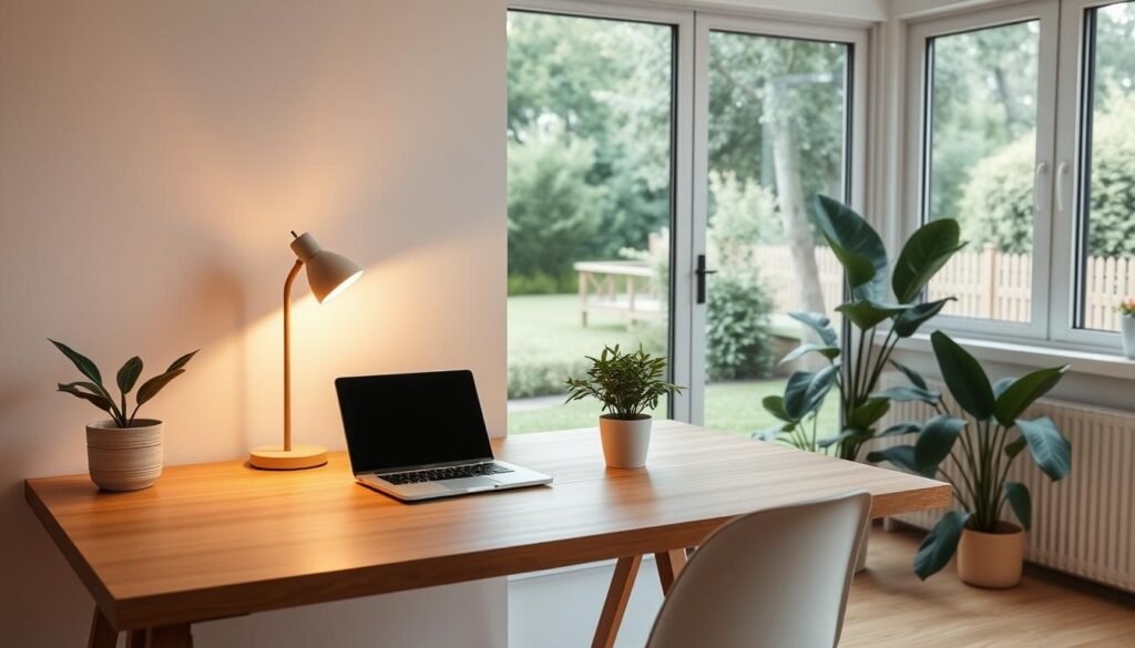 A minimalist home office setup with clean lines and a serene atmosphere. A wooden desk with a sleek laptop, a potted plant, and a warm desk lamp illuminate the space. In the background, a large window overlooks a peaceful garden, filtering in soft natural light. The walls are painted in a calming neutral tone, creating a soothing environment conducive to focus and productivity. The overall composition conveys a sense of order, simplicity, and tranquility - the essential elements of an effective daily routine.