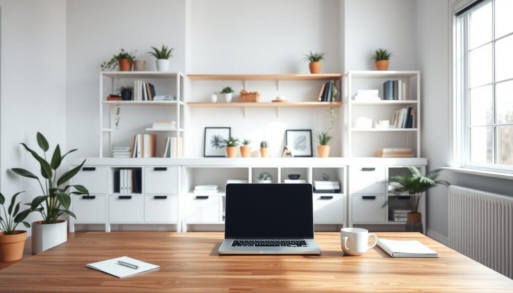 A minimalist home office with a clean, airy atmosphere. In the foreground, a wooden desk with a laptop, a plant, and a cup of coffee, suggesting a calm and focused workspace. The middle ground features neatly arranged shelves, with books, plants, and a few personal items, conveying a sense of organization and clarity. The background depicts a large window, allowing natural light to flood the room, creating a serene and rejuvenating ambiance. The overall scene radiates a sense of tranquility, inviting the viewer to declutter their mind and space, and find focus and clarity.
