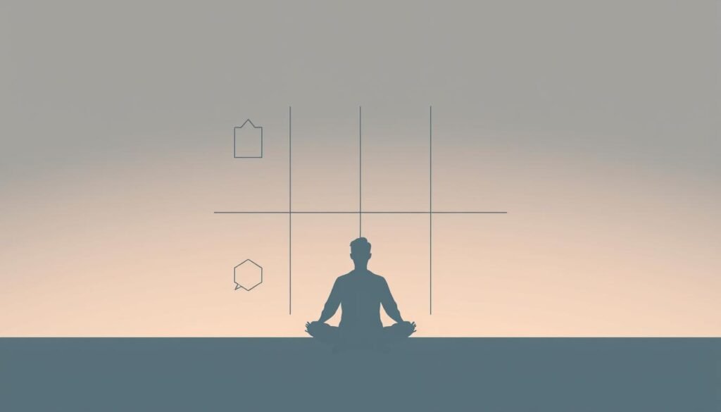 A minimalist line art illustration of a person focusing intently on breaking down their goals into smaller, achievable steps. The foreground shows a simplified human figure in a meditative pose, surrounded by a grid of geometric shapes representing the division of objectives. The middle ground features a subtle gradient background, creating depth and a sense of introspection. The overall mood is one of focus, clarity, and purposeful progress, conveyed through the clean, elegant lines and muted color palette. Lighting is soft and even, with a slight vignette effect to draw the viewer's attention inward. The camera angle is a slightly elevated frontal view, emphasizing the conceptual nature of the image.