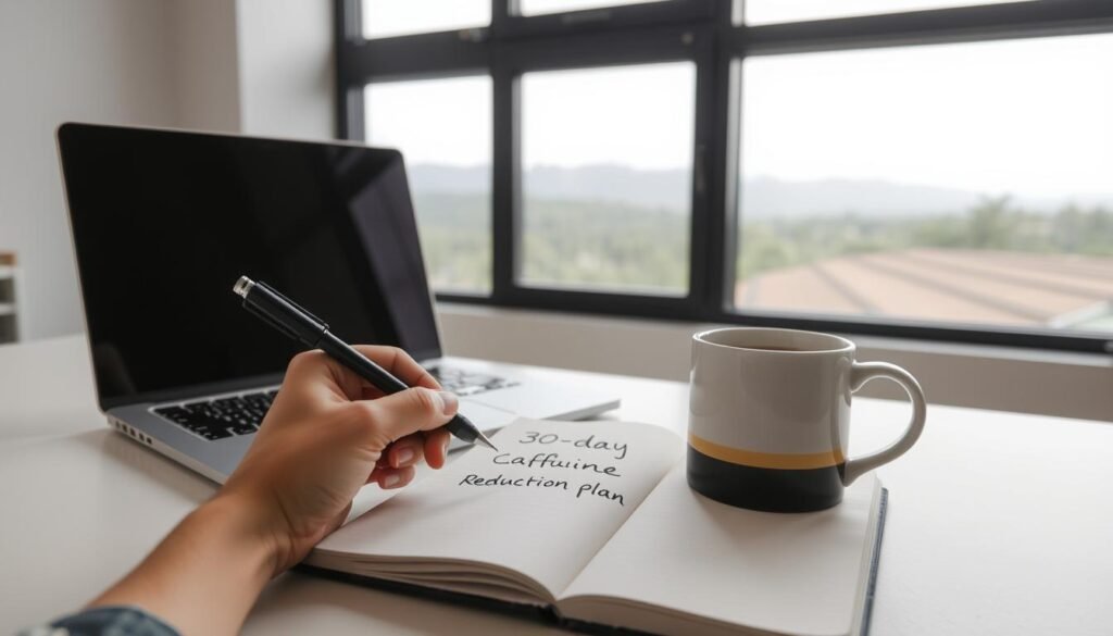 A minimalist office setting with a laptop, a cup of coffee, and a notebook. In the foreground, a hand holds a pen and is writing "30-day caffeine reduction plan" on the notebook page. The middle ground features a half-empty mug of coffee, symbolizing a gradual decrease in consumption. In the background, a large window showcases a serene, natural landscape, conveying a sense of calm and balance. The lighting is soft and diffused, creating a contemplative atmosphere. The overall scene suggests a realistic, step-by-step approach to reducing caffeine intake while maintaining focus and well-being.