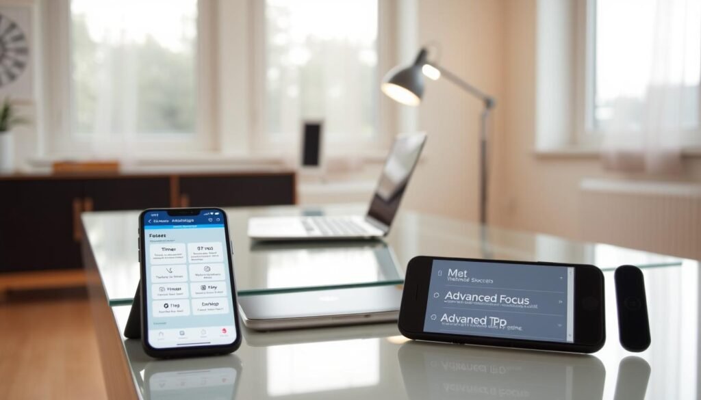 A minimalist office setup with an elegant glass desk, a sleek laptop, and a modern lamp casting a warm, focused glow. On the desk, a smartphone displays advanced focus features - timers, website blockers, and do-not-disturb settings. The room is bathed in soft, natural light from a large window, creating a serene and productive atmosphere. The overall scene conveys a sense of efficiency, control, and intentionality in managing one's digital distractions for enhanced focus.