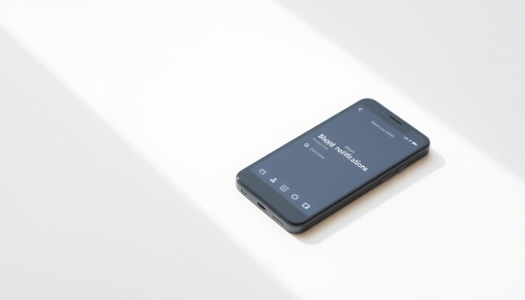A minimalist, serene scene of a smartphone resting on a plain white surface, with the screen dimmed and all notification icons faded out, conveying a sense of digital detox and reduced digital distractions. Soft, natural lighting illuminates the scene, creating a calming atmosphere. The composition emphasizes the smartphone's simplicity and the intentional choice to turn off unnecessary notifications, aligning with the theme of "stopping unnecessary notifications" and digital wellness.