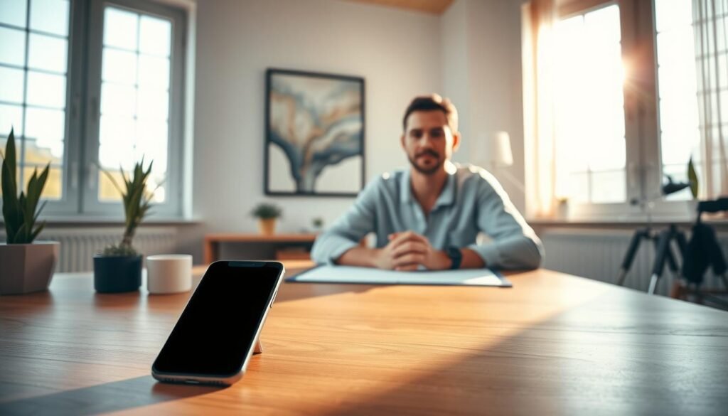 A modern home office, flooded with warm natural light from large windows. In the foreground, a smartphone sits on a minimalist wooden desk, its screen blacked out, symbolizing the user's intentional disengagement from its constant notifications. Surrounding the desk, decorative plants and a calming piece of abstract art add a sense of tranquility. In the middle ground, the user's hands rest on the desk, their expression serene and focused, conveying a feeling of reclaimed control. The background features a clean, uncluttered room with muted tones, emphasizing the peaceful, distraction-free atmosphere. The overall composition and lighting evoke a sense of clarity, mindfulness, and increased productivity. A modern home office, flooded with warm natural light from large windows. In the foreground, a smartphone sits on a minimalist wooden desk, its screen blacked out, symbolizing the user's intentional disengagement from its constant notifications. Surrounding the desk, decorative plants and a calming piece of abstract art add a sense of tranquility. In the middle ground, the user's hands rest on the desk, their expression serene and focused, conveying a feeling of reclaimed control. The background features a clean, uncluttered room with muted tones, emphasizing the peaceful, distraction-free atmosphere. The overall composition and lighting evoke a sense of clarity, mindfulness, and increased productivity.