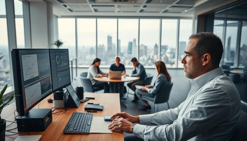 A modern, well-lit open office space with a group of professionals deeply focused on their work. Soft indirect lighting illuminates a large wooden desk, a powerful desktop computer, and an array of high-tech peripherals. In the foreground, a person in a crisp white shirt pores over complex data visualizations on dual monitors, their face intense with concentration. In the middle ground, colleagues collaborate around a circular conference table, laptops and papers spread out as they discuss a detailed project plan. The background features floor-to-ceiling windows overlooking a bustling city skyline, conveying a sense of scale and the company's prominence. An atmosphere of productive flow and intense intellectual engagement pervades the scene.