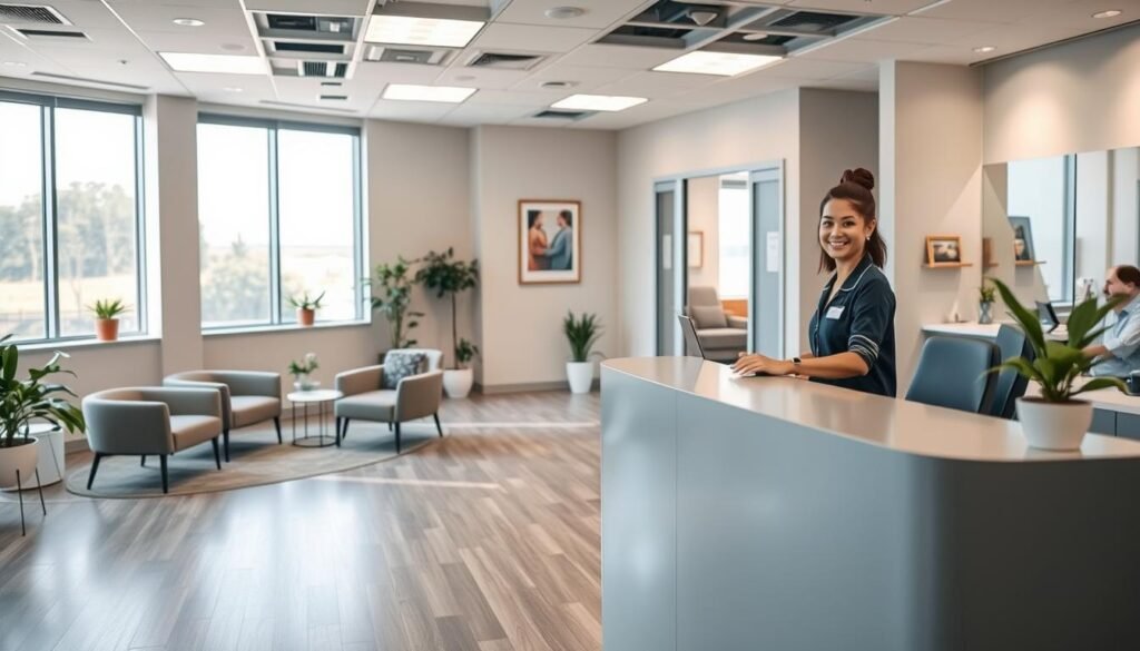 A modern, well-lit outpatient medical clinic with a warm and welcoming atmosphere. In the foreground, a friendly receptionist greets patients at a sleek, minimalist front desk. The middle ground features a comfortable waiting area with plush chairs, calming artwork, and potted plants. In the background, exam rooms with large windows allow natural light to flood the space, creating a tranquil, therapeutic environment. The overall mood is one of approachability, professionalism, and patient-centered care.