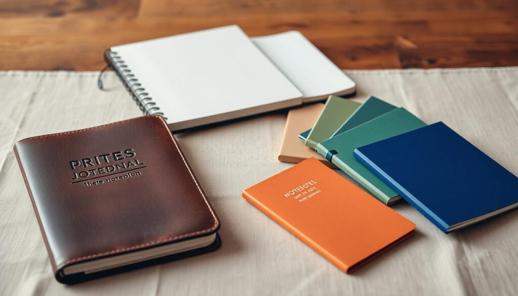 A neatly arranged composition of various types of notebooks in a warm, natural lighting. A leather-bound journal with an elegant debossed cover sits in the foreground, flanked by a spiral-bound sketchpad and a minimalist hardcover notebook. In the middle ground, a selection of slim, colorful pocket notebooks in different hues cascade across the frame. In the background, a wooden table or desk provides a rustic, earthy counterpoint, with the notebooks resting on a soft, linen-like surface. The overall mood is one of productivity, creativity, and thoughtfulness, inviting the viewer to envision themselves choosing the perfect notebook for their personal needs and writing pursuits. A neatly arranged composition of various types of notebooks in a warm, natural lighting. A leather-bound journal with an elegant debossed cover sits in the foreground, flanked by a spiral-bound sketchpad and a minimalist hardcover notebook. In the middle ground, a selection of slim, colorful pocket notebooks in different hues cascade across the frame. In the background, a wooden table or desk provides a rustic, earthy counterpoint, with the notebooks resting on a soft, linen-like surface. The overall mood is one of productivity, creativity, and thoughtfulness, inviting the viewer to envision themselves choosing the perfect notebook for their personal needs and writing pursuits.