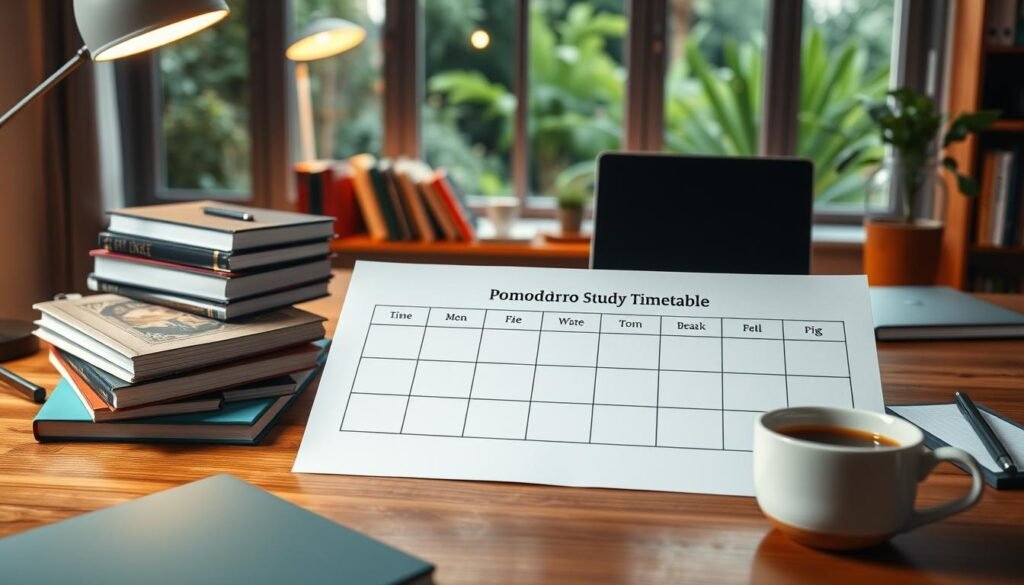 A neatly organized Pomodoro study timetable on a wooden desk, with a stack of books, a laptop, and a cup of coffee in the foreground. The background features a cozy, well-lit home office setting, with a large window overlooking a lush, verdant garden. Soft, warm lighting from a desk lamp illuminates the scene, creating a productive and focused atmosphere. The timetable itself is displayed on a crisp, white sheet of paper, with clear divisions for the Pomodoro sessions and breaks, reflecting the structure and discipline of the Pomodoro technique. A neatly organized Pomodoro study timetable on a wooden desk, with a stack of books, a laptop, and a cup of coffee in the foreground. The background features a cozy, well-lit home office setting, with a large window overlooking a lush, verdant garden. Soft, warm lighting from a desk lamp illuminates the scene, creating a productive and focused atmosphere. The timetable itself is displayed on a crisp, white sheet of paper, with clear divisions for the Pomodoro sessions and breaks, reflecting the structure and discipline of the Pomodoro technique.