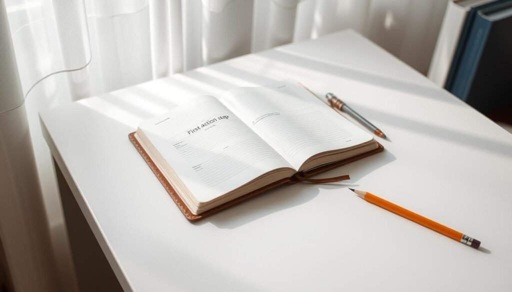 A neatly organized desk with a clean white surface, illuminated by soft natural light filtering through sheer curtains. On the desk, a leather-bound journal lies open, its pages inviting the viewer to capture their first action step. Beside it, a well-sharpened pencil rests, ready to transform ideas into tangible plans. The overall scene conveys a sense of focus, clarity, and the anticipation of a new chapter unfolding.