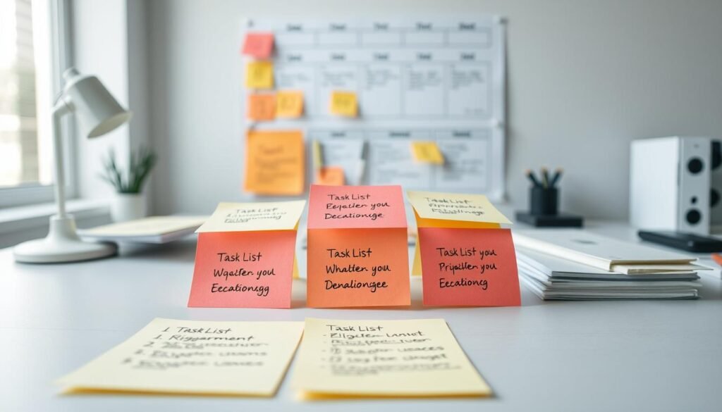 A neatly organized desktop with various task lists, prioritized in a clear hierarchy. In the foreground, a set of numbered sticky notes outlines the key steps, arranged in order of importance. The middle ground features a clear visual roadmap, with milestones and deadlines marked. In the background, a minimalist workspace with a focused, pensive atmosphere, suggesting a thoughtful, deliberate approach to task management. Soft, natural lighting sets a serene, contemplative mood. The overall composition conveys a sense of structure, efficiency, and the careful prioritization of a complex project after it has been broken down into manageable pieces.
