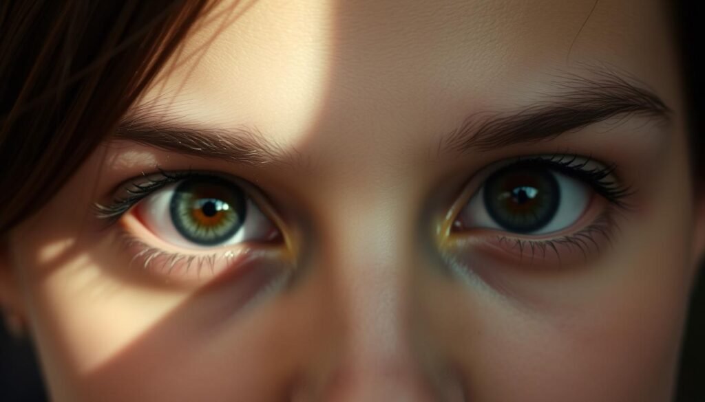 A pair of captivating eyes locked in intense, unwavering eye contact. The iris and pupil are in sharp focus, revealing the depth and intensity of the gaze. The surrounding eye area is softly blurred, drawing the viewer's attention to the expressive, penetrating eyes. The lighting is natural, warm, and diffused, creating a sense of intimacy and emotional resonance. The background is subtly out of focus, keeping the focus on the powerful eye contact at the center of the frame. This image conveys a sense of vulnerability, connection, and the ability of the eyes to communicate something deeper beyond words.