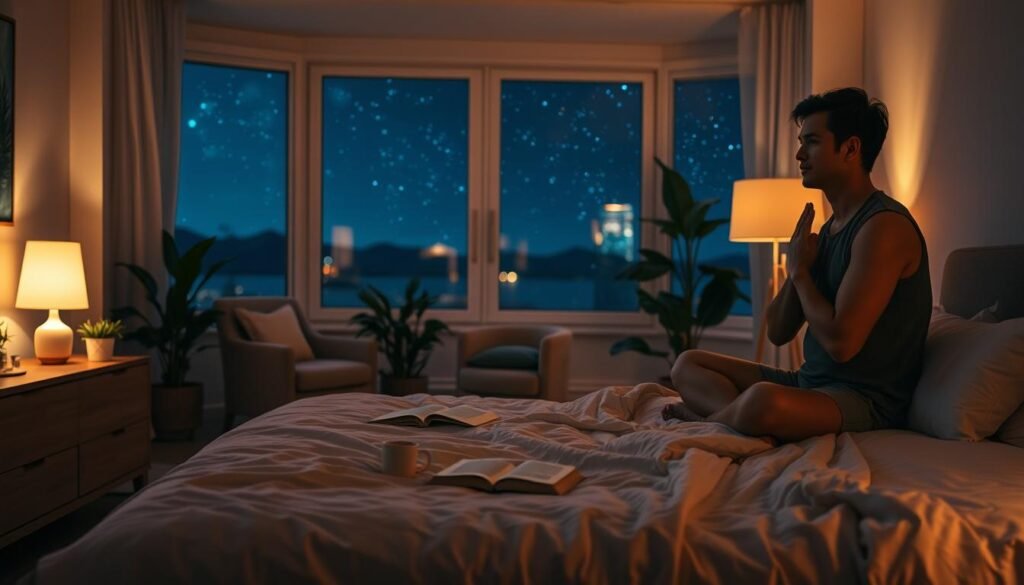 A peaceful bedroom scene at twilight, with soft lamplight illuminating a nightstand adorned with a cup of herbal tea, a book, and a small plant. In the foreground, an individual sits on the edge of a plush, inviting bed, deep in contemplation as they focus on their breathing, preparing for a restful night's sleep. The middle ground features a cozy armchair and a plant-filled corner, creating a serene atmosphere. The background showcases a large window with a view of a starry night sky, evoking a sense of tranquility. Soft, warm lighting and muted tones convey a soothing, restorative mood.