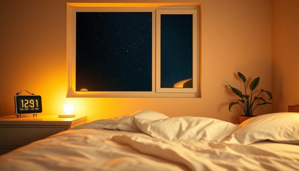 A peaceful bedroom scene, bathed in warm, soft lighting. The bed is neatly made, with crisp white sheets and a plush duvet. On the nightstand, a digital alarm clock displays the time, gently illuminating the space. A potted plant sits nearby, adding a touch of natural greenery. The walls are a calming, neutral color, creating a serene atmosphere. Through the window, a starry night sky is visible, conveying a sense of tranquility and the importance of consistent sleep patterns. The overall composition evokes a sense of order, routine, and the comfort of a well-established sleep schedule.
