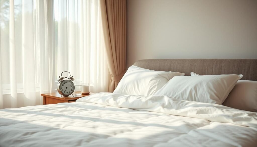 A peaceful bedroom scene, soft natural light filters through sheer curtains. A plush, oversized bed with crisp white linens and fluffy pillows, inviting a restful nap. On a nightstand, a vintage alarm clock and a glass of water, signifying the optimal nap duration. The walls are painted in a calming, neutral hue, and a cozy armchair sits in the corner, completing the serene, sleep-inducing atmosphere. The perspective is slightly elevated, capturing the tranquil scene in a balanced, harmonious composition.