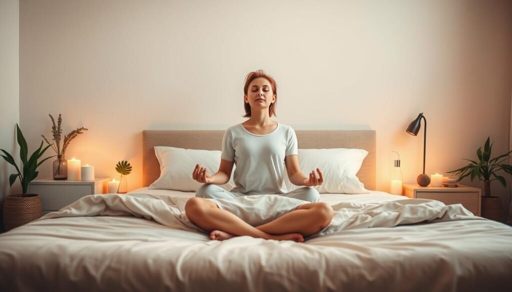 A peaceful bedroom scene with soft, warm lighting. In the center, a person is sitting cross-legged on the bed, their eyes closed in meditation. Surrounding them, calming accessories like candles, crystals, and plants create a serene atmosphere. The walls are painted in soothing neutral tones, and the bedding is made of natural fabrics. The overall impression is one of tranquility and deep relaxation, conveying the essence of the 4-7-8 breathing technique for deep sleep. A peaceful bedroom scene with soft, warm lighting. In the center, a person is sitting cross-legged on the bed, their eyes closed in meditation. Surrounding them, calming accessories like candles, crystals, and plants create a serene atmosphere. The walls are painted in soothing neutral tones, and the bedding is made of natural fabrics. The overall impression is one of tranquility and deep relaxation, conveying the essence of the 4-7-8 breathing technique for deep sleep.