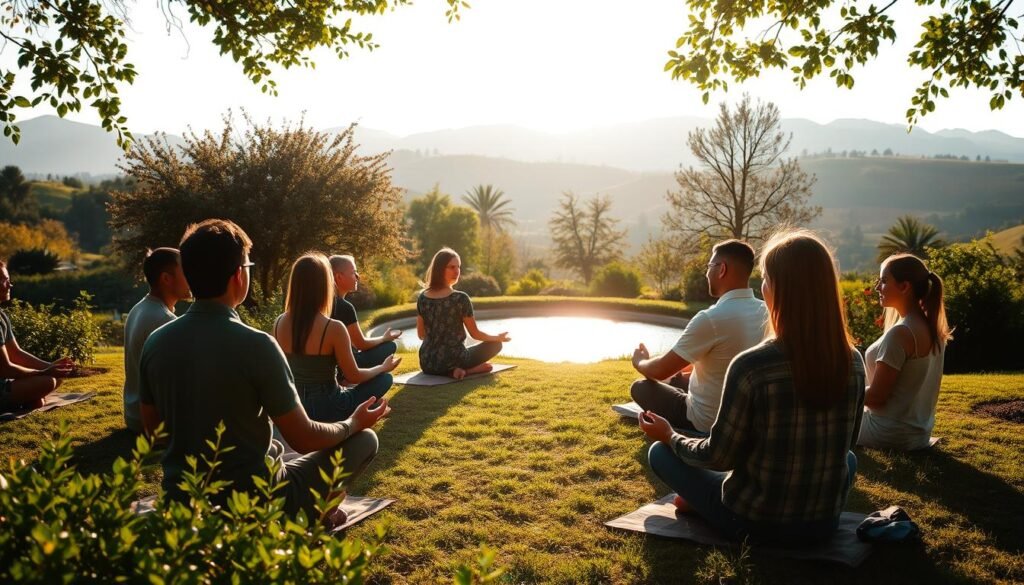 A peaceful group meditation session in a serene garden setting, with participants of diverse backgrounds sitting in a circle, eyes closed, focused on positive visualizations. The soft morning sunlight filters through the lush foliage, casting warm, gentle shadows. The atmosphere is calming and introspective, suggesting the transformative power of collective mindfulness in overcoming negativity. The foreground features the meditating figures, while the middle ground depicts a tranquil pond and the background showcases a picturesque landscape of rolling hills. The overall scene conveys a sense of unity, contemplation, and the restorative potential of shared experience. A peaceful group meditation session in a serene garden setting, with participants of diverse backgrounds sitting in a circle, eyes closed, focused on positive visualizations. The soft morning sunlight filters through the lush foliage, casting warm, gentle shadows. The atmosphere is calming and introspective, suggesting the transformative power of collective mindfulness in overcoming negativity. The foreground features the meditating figures, while the middle ground depicts a tranquil pond and the background showcases a picturesque landscape of rolling hills. The overall scene conveys a sense of unity, contemplation, and the restorative potential of shared experience.
