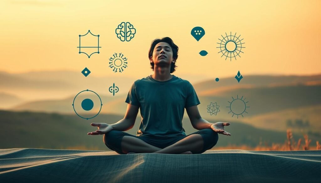 A peaceful, introspective scene showcasing the key attributes of psychologically resilient individuals. In the foreground, a person sits cross-legged, eyes closed, exuding a sense of inner calm and focus. Surrounding them, abstract shapes and motifs symbolize the flexibility, adaptability, and problem-solving skills that characterize the psychologically resilient. In the background, a soft, warm-toned landscape with gentle rolling hills and a tranquil sky, conveying the emotional stability and positive outlook of those with strong psychological resilience. The composition is balanced, the lighting is soft and diffused, creating an atmosphere of serenity and self-awareness.