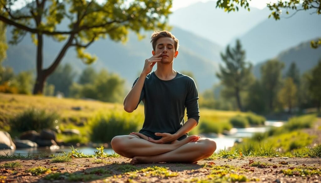 A peaceful meditation scene with a person practicing alternate-nostril breathing. In the foreground, a person sits cross-legged, focusing intently as they gently close one nostril and inhale through the other. The middle ground features a serene natural setting, with lush greenery, a calming stream, and soft lighting filtering through the trees. In the background, mountains rise up, their peaks shrouded in mist, creating a sense of tranquility. The overall mood is one of mindfulness, relaxation, and the importance of proper breathing techniques for health and well-being. A peaceful meditation scene with a person practicing alternate-nostril breathing. In the foreground, a person sits cross-legged, focusing intently as they gently close one nostril and inhale through the other. The middle ground features a serene natural setting, with lush greenery, a calming stream, and soft lighting filtering through the trees. In the background, mountains rise up, their peaks shrouded in mist, creating a sense of tranquility. The overall mood is one of mindfulness, relaxation, and the importance of proper breathing techniques for health and well-being.