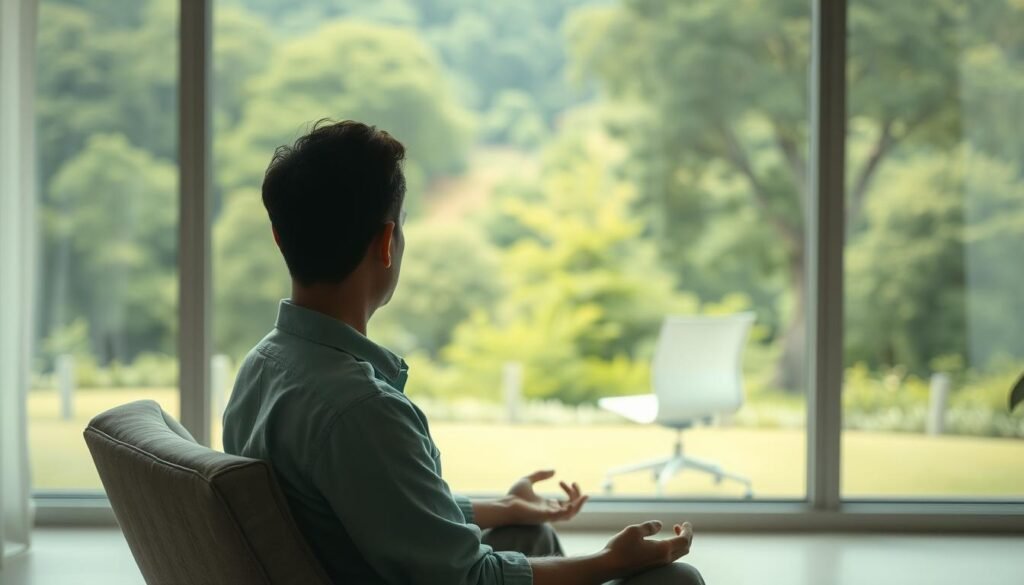 A peaceful, meditative scene of a person sitting in a comfortable chair, gazing out a large window at a serene, natural landscape. The lighting is soft and diffused, creating a calming atmosphere. In the foreground, the person's face is in a state of deep contemplation, their body language conveying a sense of introspection and a shift in perspective. The middle ground features a minimalist, uncluttered workspace, suggesting a simplified, thoughtful approach to work. In the background, the lush, verdant scenery beyond the window frames the scene, providing a sense of connection to the natural world and a broader, more holistic view on one's professional life. A peaceful, meditative scene of a person sitting in a comfortable chair, gazing out a large window at a serene, natural landscape. The lighting is soft and diffused, creating a calming atmosphere. In the foreground, the person's face is in a state of deep contemplation, their body language conveying a sense of introspection and a shift in perspective. The middle ground features a minimalist, uncluttered workspace, suggesting a simplified, thoughtful approach to work. In the background, the lush, verdant scenery beyond the window frames the scene, providing a sense of connection to the natural world and a broader, more holistic view on one's professional life.