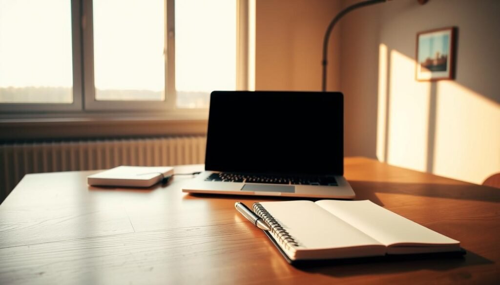 A peaceful, minimalist home office setup with a serene atmosphere. A wooden desk with a laptop, pen, and journal occupy the foreground, bathed in warm, natural lighting from a large window in the middle ground. In the background, a simple, neutral-toned wall with a small, framed illustration or artwork depicting a tranquil, natural scene. The overall mood is one of calm introspection and mindfulness, inviting the viewer to engage in the process of mood tracking and self-reflection. A peaceful, minimalist home office setup with a serene atmosphere. A wooden desk with a laptop, pen, and journal occupy the foreground, bathed in warm, natural lighting from a large window in the middle ground. In the background, a simple, neutral-toned wall with a small, framed illustration or artwork depicting a tranquil, natural scene. The overall mood is one of calm introspection and mindfulness, inviting the viewer to engage in the process of mood tracking and self-reflection.