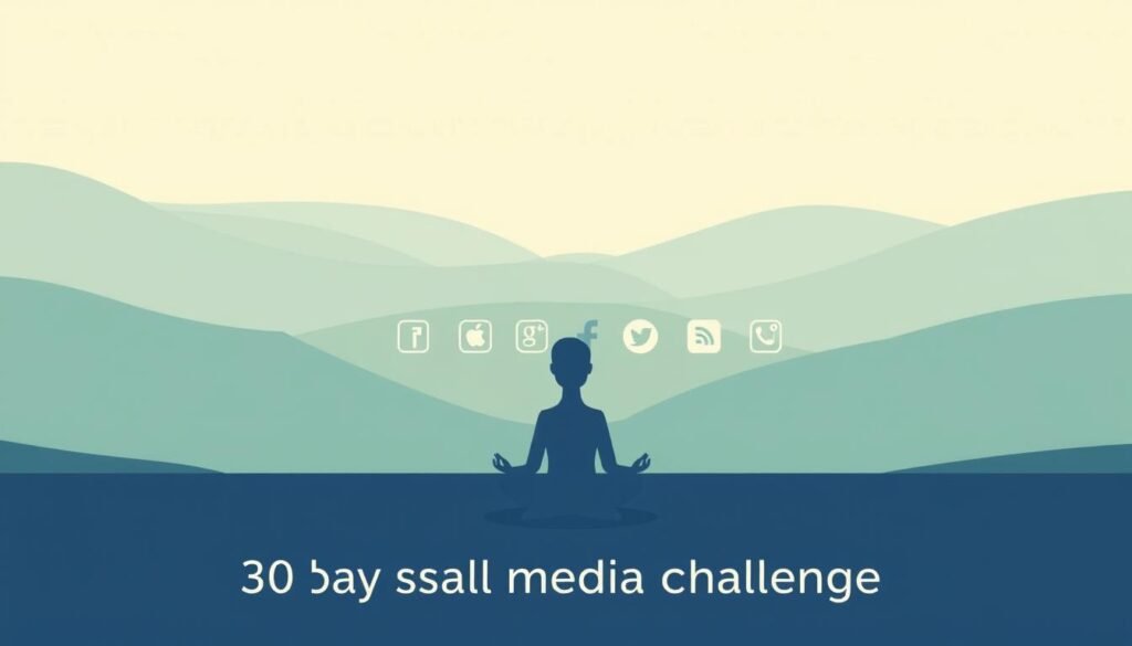 A peaceful, minimalist illustration showcasing the 30-day social media challenge. In the foreground, a serene person sitting cross-legged, meditating or journaling, disconnected from digital devices. The middle ground depicts various social media app icons gradually fading into the background, symbolizing decreased reliance on them. The background features a calming, nature-inspired landscape with soft lighting, conveying a sense of tranquility and mindfulness. The overall mood is one of simplicity, introspection, and a gentle embrace of less digital distraction.
