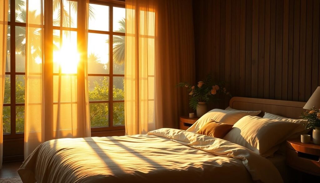 A peaceful morning scene bathed in the warm, golden glow of the rising sun. A serene bedroom with large windows overlooking a lush, verdant garden. Soft, diffused sunlight filters through the sheer curtains, casting a gentle, restorative radiance across the neatly made bed, inviting the viewer to experience the rejuvenating benefits of an early morning spent in the sun's embrace. Detailed textures of natural fabrics, wood, and foliage create a soothing, organic ambiance. The overall composition evokes a sense of tranquility and the rejuvenating power of starting the day in harmony with the rhythm of nature. A peaceful morning scene bathed in the warm, golden glow of the rising sun. A serene bedroom with large windows overlooking a lush, verdant garden. Soft, diffused sunlight filters through the sheer curtains, casting a gentle, restorative radiance across the neatly made bed, inviting the viewer to experience the rejuvenating benefits of an early morning spent in the sun's embrace. Detailed textures of natural fabrics, wood, and foliage create a soothing, organic ambiance. The overall composition evokes a sense of tranquility and the rejuvenating power of starting the day in harmony with the rhythm of nature.