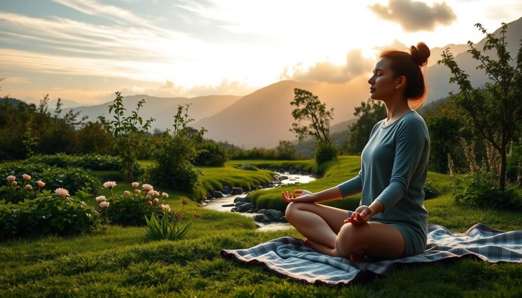 A peaceful, nature-inspired scene of a person meditating during a social media detox. In the foreground, a person sits cross-legged on a blanket, eyes closed, hands resting on their lap, digital devices nowhere in sight. The middle ground features a lush, verdant garden with blooming flowers and a small, trickling stream. In the background, a mountainous landscape with wispy clouds overhead, bathed in soft, warm lighting. The overall atmosphere is one of tranquility, mindfulness, and digital disconnection.