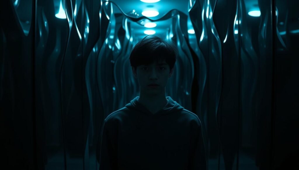 A pensive young person, their face half-obscured in shadow, stands alone in a dimly lit room. Surrounding them, a maze of mirrors reflects distorted versions of themselves, each one subtly different, representing the constant inner struggle to compare and judge oneself against an impossible ideal. The mirrors twist and warp, creating a disorienting, claustrophobic atmosphere, symbolizing the futility and anguish of constant self-comparison. The lighting is somber, with a cool, bluish tint, heightening the melancholy mood. The composition draws the viewer's eye towards the solitary figure, inviting them to empathize with the internal conflict and the universal human experience of grappling with self-worth in relation to others. A pensive young person, their face half-obscured in shadow, stands alone in a dimly lit room. Surrounding them, a maze of mirrors reflects distorted versions of themselves, each one subtly different, representing the constant inner struggle to compare and judge oneself against an impossible ideal. The mirrors twist and warp, creating a disorienting, claustrophobic atmosphere, symbolizing the futility and anguish of constant self-comparison. The lighting is somber, with a cool, bluish tint, heightening the melancholy mood. The composition draws the viewer's eye towards the solitary figure, inviting them to empathize with the internal conflict and the universal human experience of grappling with self-worth in relation to others.