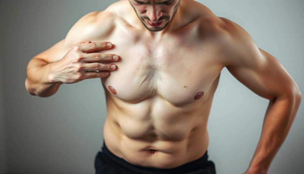 A person performing improper abdominal breathing, with an exaggerated chest movement and tense facial expression. The background is blurred, drawing focus to the subject's torso and diaphragm area. Soft, diffuse lighting from the side creates shadows that accentuate the incorrect breathing mechanics. The composition is framed tightly, emphasizing the flaws in the breathing technique. The overall mood is one of tension and strain, illustrating the common mistakes in abdominal breathing. A person performing improper abdominal breathing, with an exaggerated chest movement and tense facial expression. The background is blurred, drawing focus to the subject's torso and diaphragm area. Soft, diffuse lighting from the side creates shadows that accentuate the incorrect breathing mechanics. The composition is framed tightly, emphasizing the flaws in the breathing technique. The overall mood is one of tension and strain, illustrating the common mistakes in abdominal breathing.