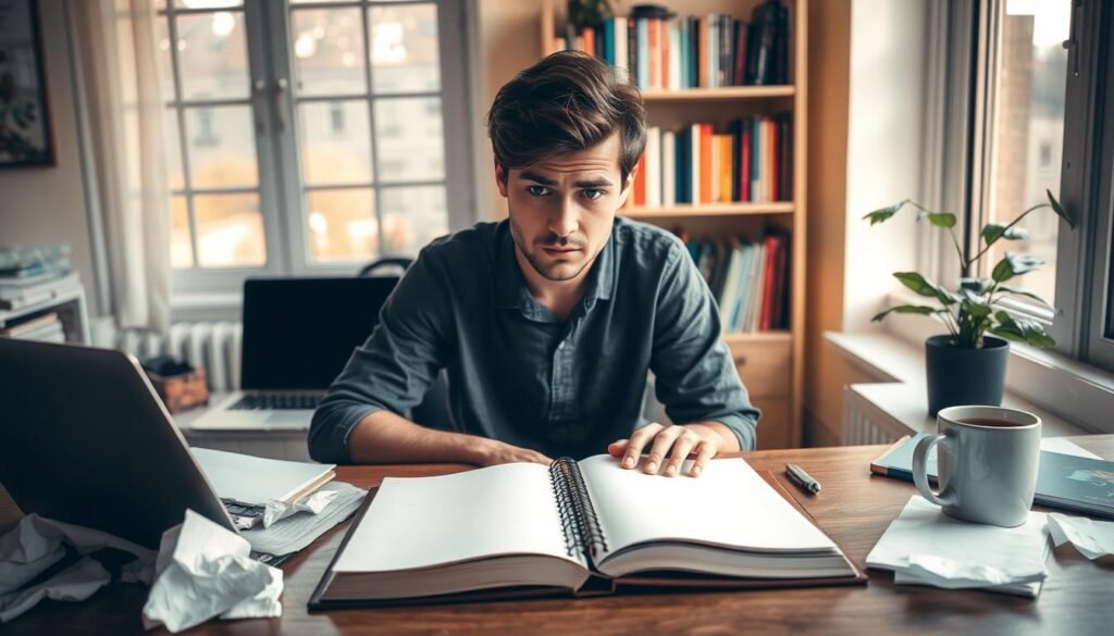 A person sitting at a desk, facing a blank journal, with a pen in hand. The scene is bathed in warm, natural lighting from a window, creating a contemplative atmosphere. The desk is cluttered with crumpled paper, a laptop, and a mug of coffee, representing the common barriers to consistent journaling. In the background, a bookshelf filled with inspirational books and a potted plant add a sense of productivity and growth. The person's expression conveys a mixture of uncertainty and determination, reflecting the internal struggle to overcome the obstacles to establishing a journaling habit.