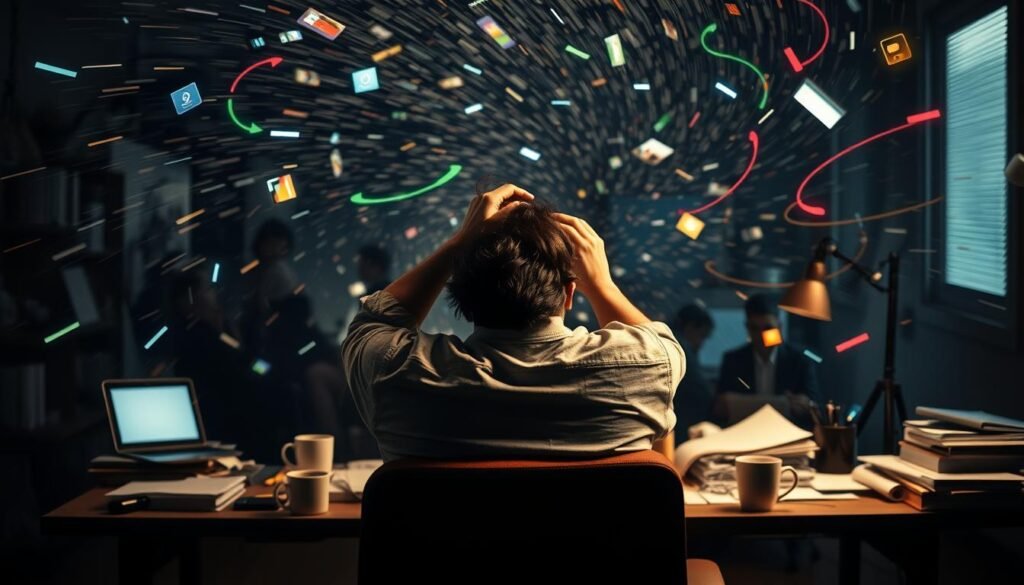 A person sitting at a desk, struggling to focus, surrounded by a mesmerizing whirlwind of distractions - blinking notifications, buzzing electronics, and a swirling vortex of digital temptations. In the foreground, the individual is clutching their head, eyes closed, attempting to shut out the chaos. The middle ground features a desk cluttered with half-finished tasks, coffee mugs, and scattered papers. In the background, a dimly lit office space fades into an abstract blur, emphasizing the sense of being overwhelmed. Soft, warm lighting casts an introspective glow, while shadows create depth and a sense of confinement. The overall atmosphere conveys the common challenges of maintaining focus in a digitally saturated world.