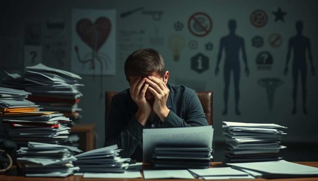 A person sitting at a desk, visibly stressed and anxious, with piles of unfinished work surrounding them. The lighting is dim, casting shadows that accentuate the sense of overwhelm. The individual's expression is one of distress, their face in their hands, conveying the emotional toll of procrastination. In the background, a hazy, blurred representation of various health issues, such as a heart, brain, and body, symbolizing the detrimental impact of procrastination on mental and physical well-being. The overall atmosphere is somber, suggesting the negative consequences of delaying important tasks.