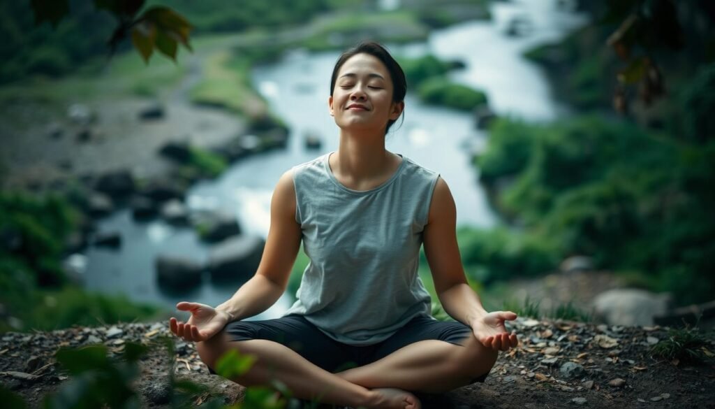 A person sitting cross-legged in a serene, natural environment, taking slow, deep breaths. Their eyes are closed, and their expression is calm and focused. Soft, diffused lighting illuminates the scene, creating a soothing atmosphere. The background features a lush, green landscape with a flowing river or stream, reflecting the tranquility of the moment. The camera angle is slightly elevated, giving a birds-eye view of the paced breathing technique, emphasizing the meditative and introspective nature of the activity. A person sitting cross-legged in a serene, natural environment, taking slow, deep breaths. Their eyes are closed, and their expression is calm and focused. Soft, diffused lighting illuminates the scene, creating a soothing atmosphere. The background features a lush, green landscape with a flowing river or stream, reflecting the tranquility of the moment. The camera angle is slightly elevated, giving a birds-eye view of the paced breathing technique, emphasizing the meditative and introspective nature of the activity.