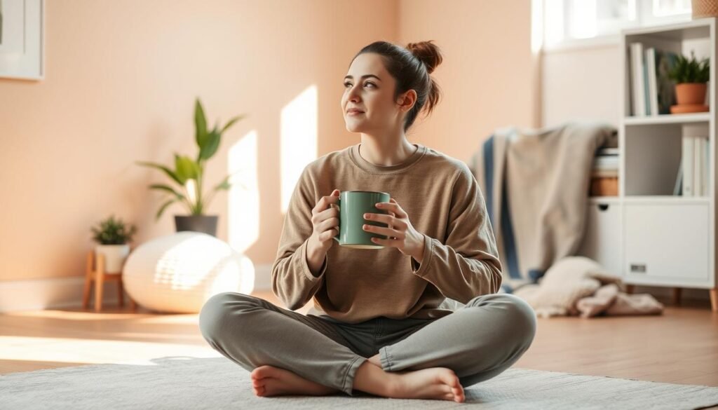 A person sitting cross-legged on the floor, surrounded by a warm, muted color palette. They are holding a mug of herbal tea, their expression one of calm focus as they gaze out a window. The lighting is soft and natural, with hints of sunlight filtering through. In the background, there are subtle calming elements like potted plants, a cozy throw blanket, and a minimalist bookshelf. The overall atmosphere conveys a sense of serenity and self-care, reflecting the process of managing caffeine withdrawal symptoms.