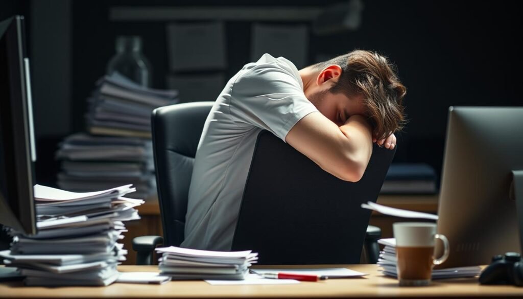 A person sitting in an office chair, slouched over a desk, surrounded by the trappings of a sedentary workday - stacks of papers, a computer screen, and a cup of coffee. The lighting is harsh, casting unflattering shadows that highlight the fatigue in the figure's posture. The background is blurred, drawing the eye to the central subject, whose body language conveys a sense of physical and mental strain from prolonged inactivity. The overall mood is one of discomfort and the need for a restorative break. A person sitting in an office chair, slouched over a desk, surrounded by the trappings of a sedentary workday - stacks of papers, a computer screen, and a cup of coffee. The lighting is harsh, casting unflattering shadows that highlight the fatigue in the figure's posture. The background is blurred, drawing the eye to the central subject, whose body language conveys a sense of physical and mental strain from prolonged inactivity. The overall mood is one of discomfort and the need for a restorative break.