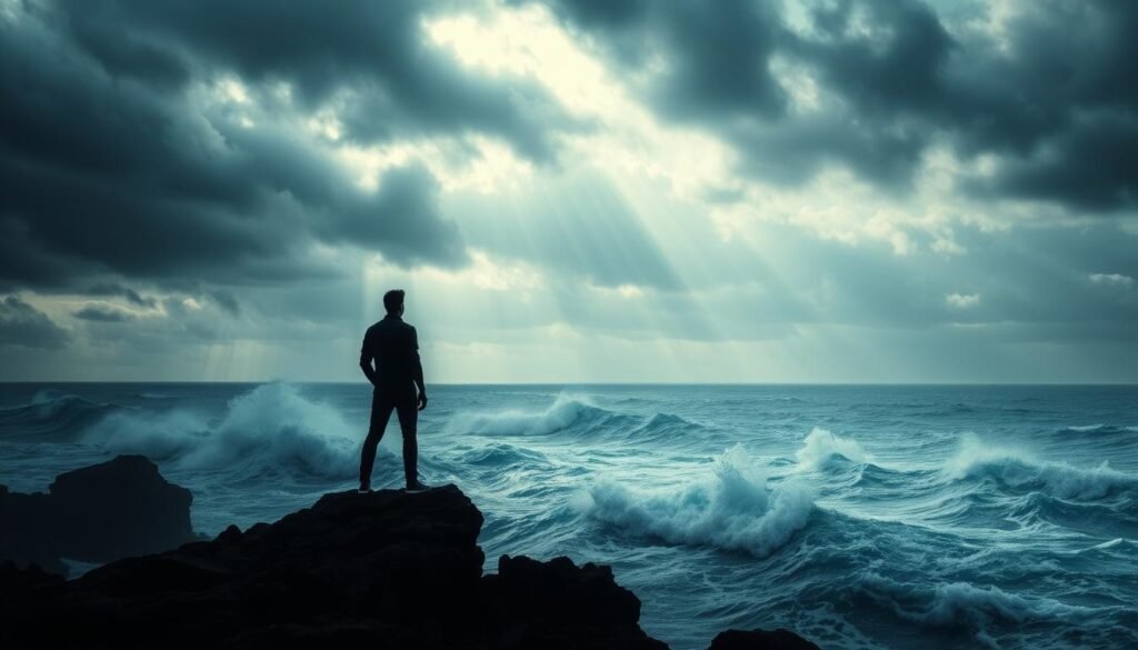 A person standing atop a rocky outcrop, gazing out at a vast, storm-tossed sea. The sky is filled with swirling clouds, casting dramatic shadows over the churning waves below. In the foreground, the figure is silhouetted, their stance resolute and determined, facing the challenges head-on. The lighting is moody and atmospheric, with shafts of light breaking through the clouds, illuminating the scene with a sense of hope and resilience. The composition is balanced, with the figure occupying the central focus, surrounded by the powerful natural elements that symbolize the obstacles they must overcome.