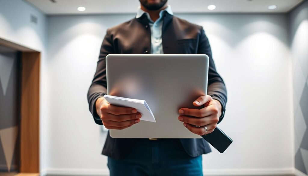 A person standing in a modern office, preparing for a presentation. The foreground shows their hands adjusting notes and documents, with a sleek, minimalist laptop and presentation remote visible. The middle ground features a large, backlit projection screen, indicating the imminent start of the presentation. The background depicts a clean, well-lit space with geometric patterns on the walls, suggesting a professional and technologically-advanced environment. Soft, directional lighting creates depth and highlights the presenter's focused expression. The overall mood is one of anticipation and quiet confidence, reflecting the "special tips" for preparing before a presentation. A person standing in a modern office, preparing for a presentation. The foreground shows their hands adjusting notes and documents, with a sleek, minimalist laptop and presentation remote visible. The middle ground features a large, backlit projection screen, indicating the imminent start of the presentation. The background depicts a clean, well-lit space with geometric patterns on the walls, suggesting a professional and technologically-advanced environment. Soft, directional lighting creates depth and highlights the presenter's focused expression. The overall mood is one of anticipation and quiet confidence, reflecting the "special tips" for preparing before a presentation.