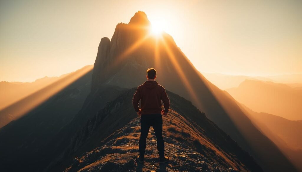 A person standing resolute, facing a towering, jagged mountain range illuminated by a warm, golden sunrise. Rays of light pierce through the mist, casting long shadows and highlighting the rugged terrain. In the foreground, the figure is poised with a determined expression, hands clenched into fists, signifying the grit and willpower needed to overcome the challenges ahead. The middle ground features a winding path leading up the mountain, symbolizing the arduous journey towards the summit. The background is a vast, majestic landscape, hinting at the broader context and scale of the obstacles to be faced. A person standing resolute, facing a towering, jagged mountain range illuminated by a warm, golden sunrise. Rays of light pierce through the mist, casting long shadows and highlighting the rugged terrain. In the foreground, the figure is poised with a determined expression, hands clenched into fists, signifying the grit and willpower needed to overcome the challenges ahead. The middle ground features a winding path leading up the mountain, symbolizing the arduous journey towards the summit. The background is a vast, majestic landscape, hinting at the broader context and scale of the obstacles to be faced.