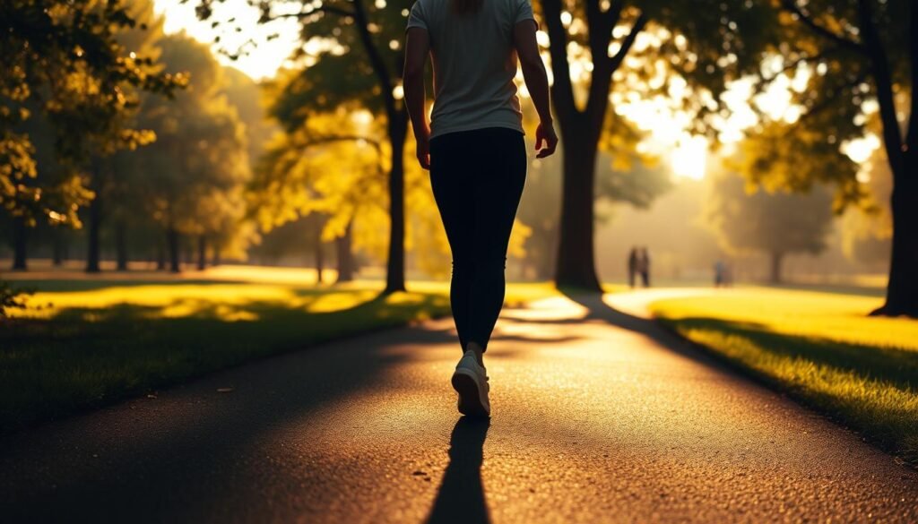A person striding confidently down a tree-lined path, a serene park landscape in the background. The figure's silhouette is backlit, casting a long shadow that stretches ahead. Warm, golden sunlight filters through the foliage, creating a calming, naturalistic atmosphere. The person's stride is purposeful, suggesting the physical and mental benefits of regular walking. The image conveys the idea of walking as a simple yet effective weight loss strategy, with the tranquil setting evoking a sense of personal rejuvenation and wellbeing. A person striding confidently down a tree-lined path, a serene park landscape in the background. The figure's silhouette is backlit, casting a long shadow that stretches ahead. Warm, golden sunlight filters through the foliage, creating a calming, naturalistic atmosphere. The person's stride is purposeful, suggesting the physical and mental benefits of regular walking. The image conveys the idea of walking as a simple yet effective weight loss strategy, with the tranquil setting evoking a sense of personal rejuvenation and wellbeing.