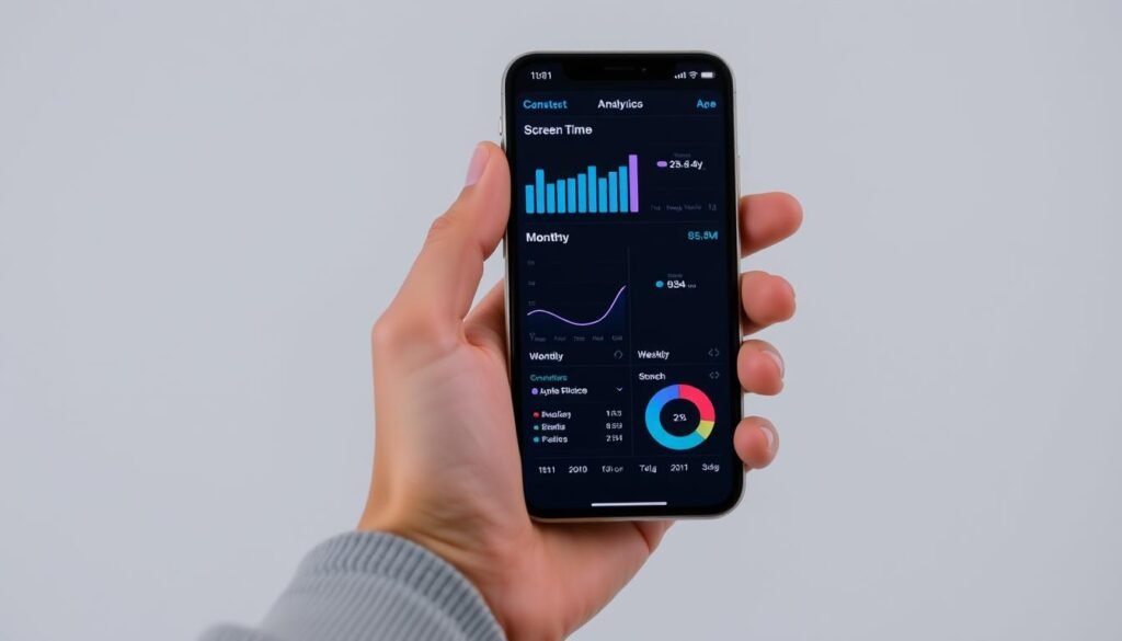 A person's hand holding a smartphone, its screen displaying detailed screen time analytics. The smartphone's display shows a bar graph, pie chart, and other visual metrics tracking daily, weekly, and monthly device usage. The hand is set against a plain, muted background, emphasizing the digital data. The lighting is soft and even, highlighting the analytical information on the phone's screen. The overall scene conveys a sense of self-reflection and the need to confront one's digital habits, setting the stage for a digital detox journey.