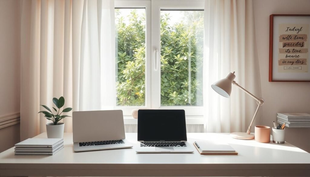 A pristine home workspace, bathed in warm, natural light filtering through sheer curtains. Meticulously organized desk with minimal clutter - a sleek laptop, a chic plant, and a neatly stacked pile of files. Streamlined office supplies in matching containers, a stylish desk lamp casting a soft glow. On the wall, an inspirational artwork in muted tones complements the serene atmosphere. The window offers a glimpse of lush, verdant greenery outside, creating a sense of tranquility and balance. Every detail in this space has been thoughtfully curated, reflecting a harmonious and productive environment ready for the final touches of personalization.