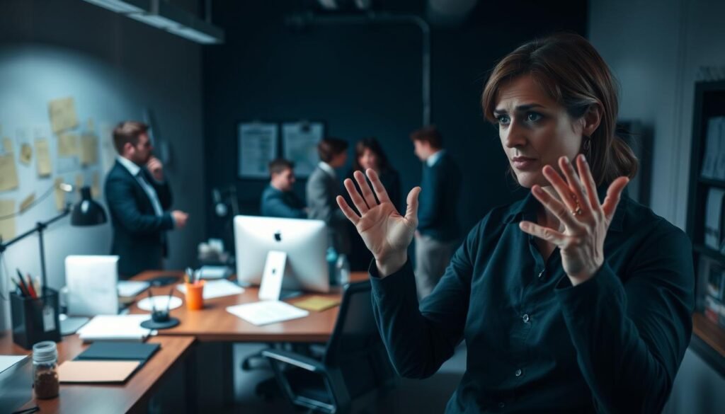 A professional office setting with a desk, chair, and various office supplies. In the foreground, a person gesturing with an exasperated expression, representing a common mistake in communication. In the middle ground, coworkers engaged in tense discussions, highlighting the negative interpersonal dynamics. The background is dimly lit, creating a somber, tense atmosphere. The lighting is harsh, casting harsh shadows and highlighting the tension. The camera angle is slightly low, emphasizing the sense of unease and stress. The overall scene conveys the challenges and pitfalls of professional communication and the importance of finding tactful ways to say "no."