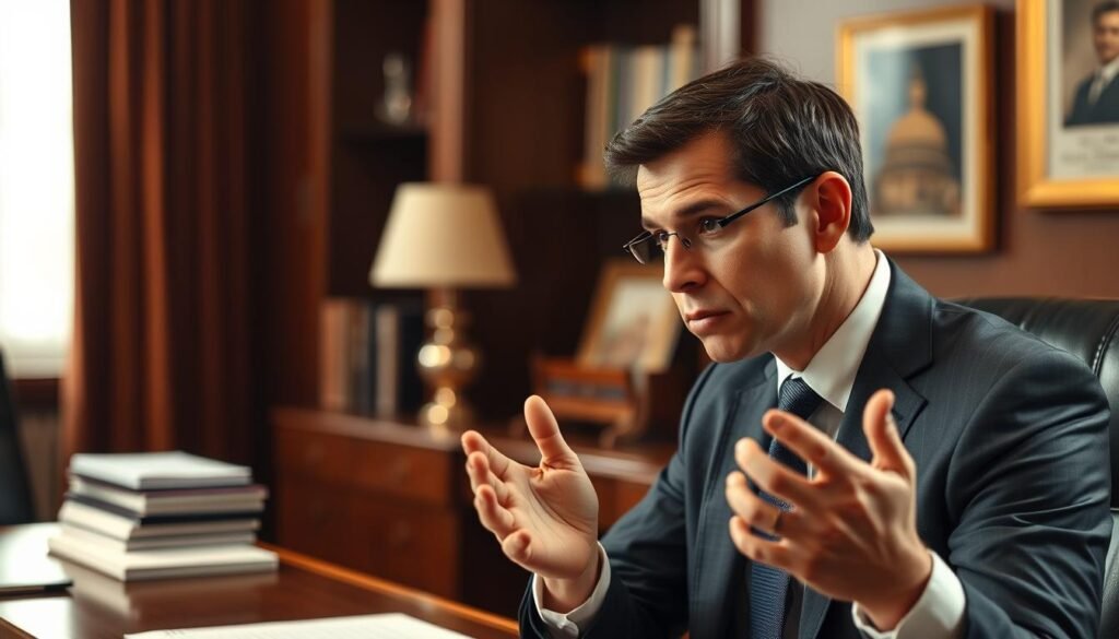A professional office setting with a wooden desk, elegant lamp, and well-organized workspace. In the foreground, a person in a suit and tie is seated, leaning forward with a focused expression, gesturing as if communicating important tips. The background is softly blurred, emphasizing the central figure. The lighting is warm and directional, creating depth and highlighting the person's face. The overall mood is one of competence, attention to detail, and impactful communication.