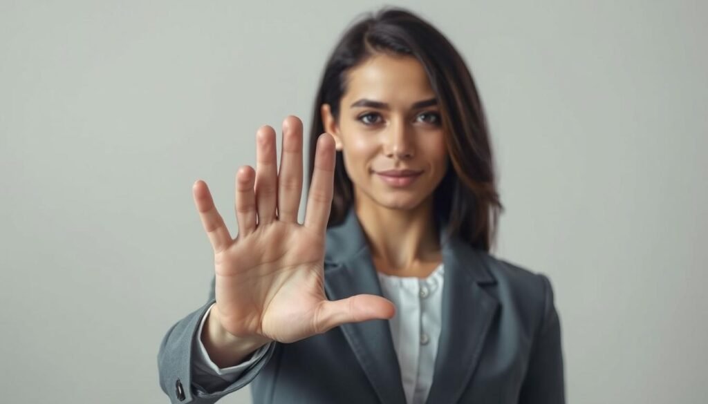 A professional, well-dressed person gently but firmly gesturing with an open palm, conveying a polite yet firm rejection. The background is minimalist and neutral, with muted tones and soft lighting, creating a calming and professional atmosphere. The subject's expression is composed and confident, projecting an aura of respectful boundaries and clear communication. The overall impression is one of graceful, assertive refusal executed with poise and diplomacy.