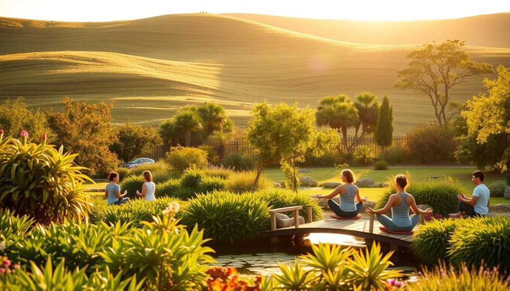 A serene and calming landscape with a gentle rolling hillside in the background, bathed in warm, golden sunlight. In the foreground, a peaceful garden oasis featuring lush, vibrant foliage, a tranquil pond with a small wooden bridge, and a group of people engaged in various wellness activities such as meditation, yoga, and gentle exercises. The scene conveys a sense of harmony, balance, and rejuvenation, capturing the essence of strategies to enhance psychological well-being. Soft, diffused lighting creates a soothing atmosphere, while the overall composition is aesthetically pleasing and visually calming. A serene and calming landscape with a gentle rolling hillside in the background, bathed in warm, golden sunlight. In the foreground, a peaceful garden oasis featuring lush, vibrant foliage, a tranquil pond with a small wooden bridge, and a group of people engaged in various wellness activities such as meditation, yoga, and gentle exercises. The scene conveys a sense of harmony, balance, and rejuvenation, capturing the essence of strategies to enhance psychological well-being. Soft, diffused lighting creates a soothing atmosphere, while the overall composition is aesthetically pleasing and visually calming.