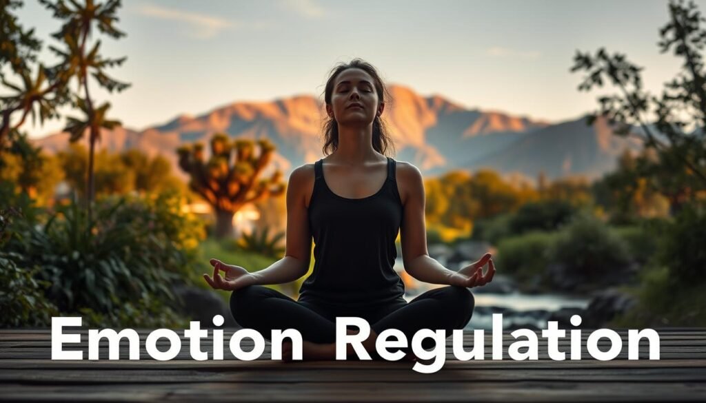 A serene and calming scene depicting effective strategies for emotion regulation. In the foreground, a person sits in a meditative pose, eyes closed, radiating inner peace. The middle ground features a tranquil garden with lush foliage and a gently flowing stream, creating a soothing atmosphere. The background showcases a picturesque mountain landscape bathed in soft, warm lighting, symbolizing the attainment of emotional equilibrium. The overall scene conveys a sense of mindfulness, self-awareness, and the ability to navigate the ebb and flow of emotions with grace and composure. A serene and calming scene depicting effective strategies for emotion regulation. In the foreground, a person sits in a meditative pose, eyes closed, radiating inner peace. The middle ground features a tranquil garden with lush foliage and a gently flowing stream, creating a soothing atmosphere. The background showcases a picturesque mountain landscape bathed in soft, warm lighting, symbolizing the attainment of emotional equilibrium. The overall scene conveys a sense of mindfulness, self-awareness, and the ability to navigate the ebb and flow of emotions with grace and composure.