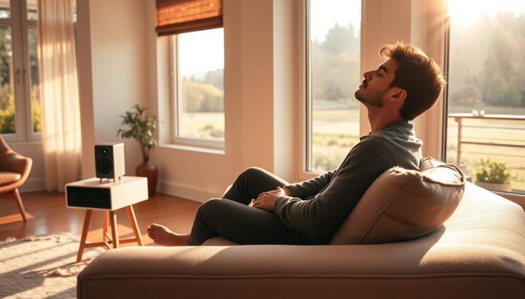 A serene and inviting morning scene, bathed in warm, golden sunlight filtering through large windows. A cozy, minimalist living space with clean, Scandinavian-inspired decor. In the foreground, a person sits comfortably on a plush, neutral-toned sofa, eyes closed, deeply immersed in the soothing melodies emanating from high-quality speakers. The middle ground features a small, mid-century modern end table with a sleek, minimalist digital music player, its display softly illuminated. The background showcases a panoramic view of a tranquil, verdant outdoor landscape, hinting at the calming start to the day. An atmosphere of serene focus and mindful contemplation permeates the scene. A serene and inviting morning scene, bathed in warm, golden sunlight filtering through large windows. A cozy, minimalist living space with clean, Scandinavian-inspired decor. In the foreground, a person sits comfortably on a plush, neutral-toned sofa, eyes closed, deeply immersed in the soothing melodies emanating from high-quality speakers. The middle ground features a small, mid-century modern end table with a sleek, minimalist digital music player, its display softly illuminated. The background showcases a panoramic view of a tranquil, verdant outdoor landscape, hinting at the calming start to the day. An atmosphere of serene focus and mindful contemplation permeates the scene.