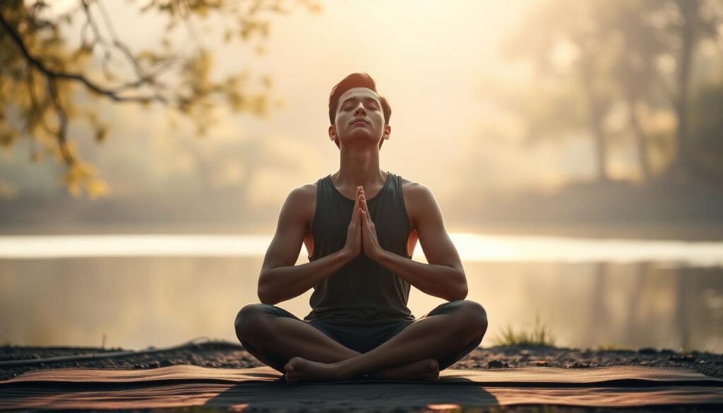 A serene and meditative scene depicting the practice of breathing for focus. In the foreground, a person sits cross-legged, eyes closed, hands resting on their lap, deeply engaged in controlled, rhythmic breathing. The middle ground showcases a calming natural environment, with soft light filtering through trees and a tranquil body of water reflecting the scene. The background is hazy and out of focus, creating a sense of peaceful isolation. The lighting is warm and diffused, evoking a contemplative atmosphere. The camera angle is slightly elevated, allowing the viewer to observe the breathing technique from an insightful perspective. A serene and meditative scene depicting the practice of breathing for focus. In the foreground, a person sits cross-legged, eyes closed, hands resting on their lap, deeply engaged in controlled, rhythmic breathing. The middle ground showcases a calming natural environment, with soft light filtering through trees and a tranquil body of water reflecting the scene. The background is hazy and out of focus, creating a sense of peaceful isolation. The lighting is warm and diffused, evoking a contemplative atmosphere. The camera angle is slightly elevated, allowing the viewer to observe the breathing technique from an insightful perspective.