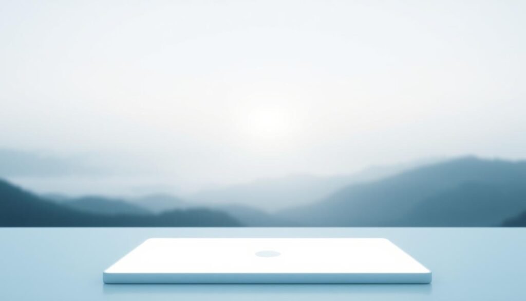 A serene and minimalist digital landscape. In the foreground, a clean, white display shows a simple, abstract icon representing a digital purpose - a glowing circular symbol radiating rays of light. The middle ground features a subtly hazy, light-filled backdrop, conveying a sense of focus and tranquility. The background gently fades into a soft gradient of calming blues and grays, creating a sense of depth and balance. The overall composition is harmonious, with a calm, meditative atmosphere, inviting the viewer to contemplate their own digital purpose.