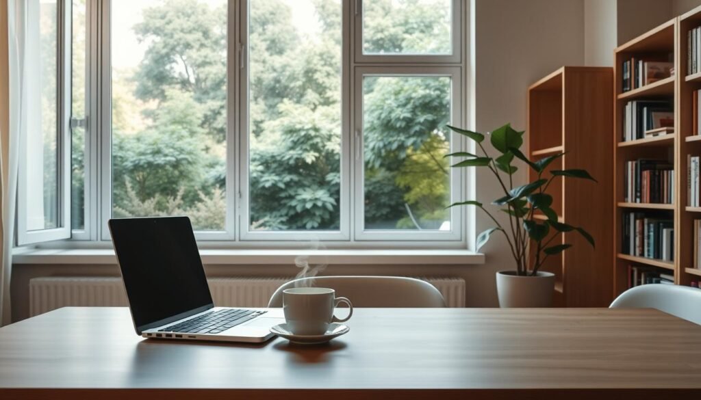 A serene and minimalist home office, with a large window overlooking a lush garden. On the desk, a laptop and a cup of steaming tea, symbolizing the balance between technology and mindfulness. The lighting is warm and natural, creating a calming atmosphere. Bookshelves line the walls, hinting at a rich intellectual pursuit. A potted plant adds a touch of greenery, representing the importance of grounding oneself in nature. The overall scene conveys a sense of focus, clarity, and a deliberate approach to digital engagement.