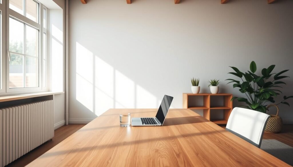 A serene and minimalist office space, with a large wooden desk at the center. On the desk, a sleek laptop, a glass of water, and a potted plant - the only items present, signifying a clear and distraction-free workspace. The walls are adorned with a neutral, calming color palette, and soft natural lighting floods the room through large windows, creating a peaceful atmosphere conducive to deep focus. The camera angle is slightly elevated, capturing the entirety of the desk and the tranquil surroundings, emphasizing the uncluttered and harmonious environment designed to eliminate distractions and foster intense concentration. A serene and minimalist office space, with a large wooden desk at the center. On the desk, a sleek laptop, a glass of water, and a potted plant - the only items present, signifying a clear and distraction-free workspace. The walls are adorned with a neutral, calming color palette, and soft natural lighting floods the room through large windows, creating a peaceful atmosphere conducive to deep focus. The camera angle is slightly elevated, capturing the entirety of the desk and the tranquil surroundings, emphasizing the uncluttered and harmonious environment designed to eliminate distractions and foster intense concentration.